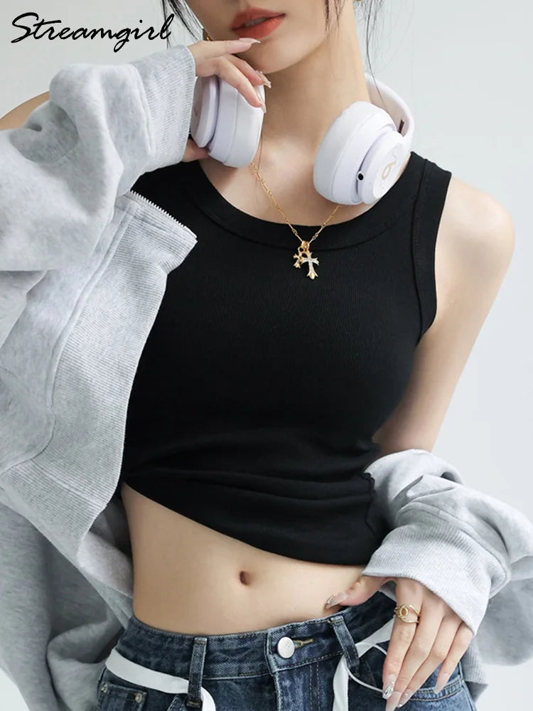 Women Thread Tank Tops With Built In Bra Padding Summer 2025 Trend Solid Outerwear Camisole Stretch Sleeveless White Tops Women