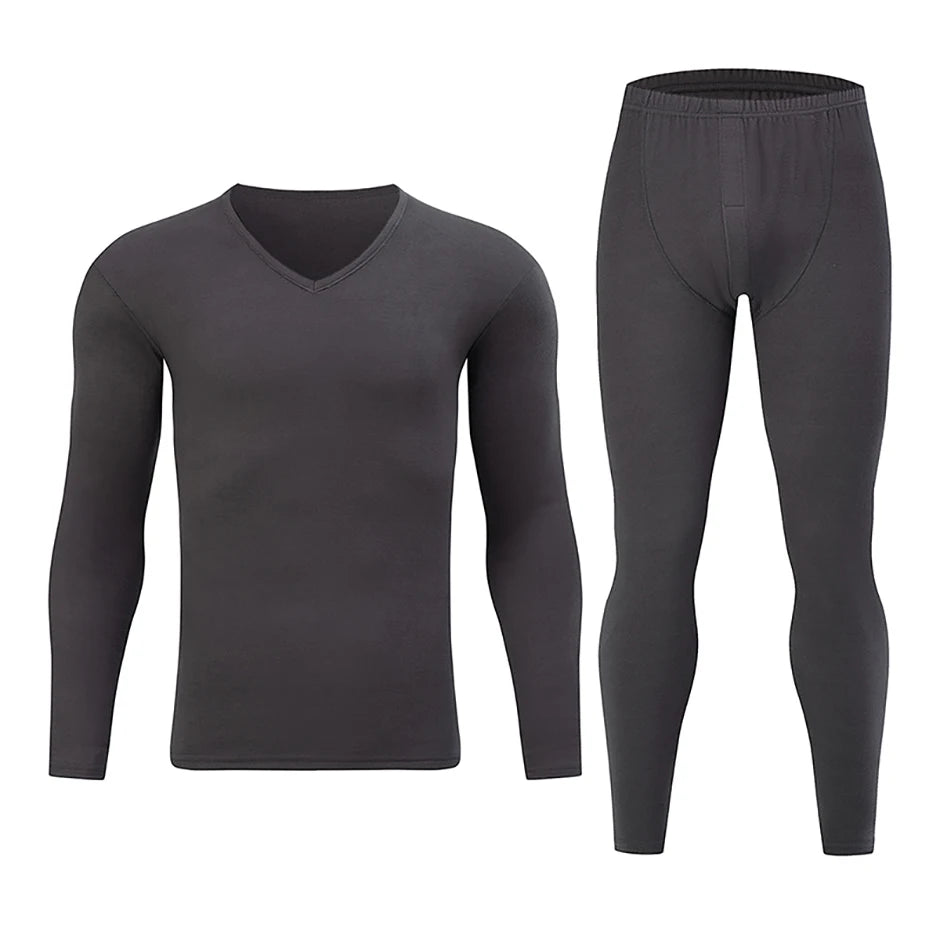 2-piece Men's Autumn And Winter Solid Color Casual V-neck Basic Warm Underwear Set Comfortable Sports And Fitness Base Shirt