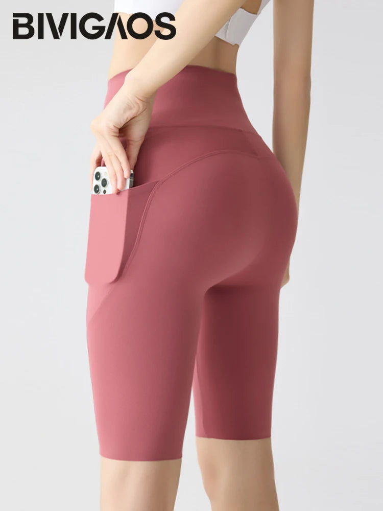 BIVIGAOS Summer Pocket Yoga Sharkskin Bicycle Shorts Women Thin High Waist Push Up Naked Feeling Sports  Fitness Cycling Shorts