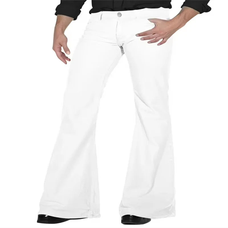 2026 Fashion Men's Vintage Disco Flared Pants Solid Stretch Slim Fit Trousers Hippie Style Casual Wide Leg Pants Male Streetwear