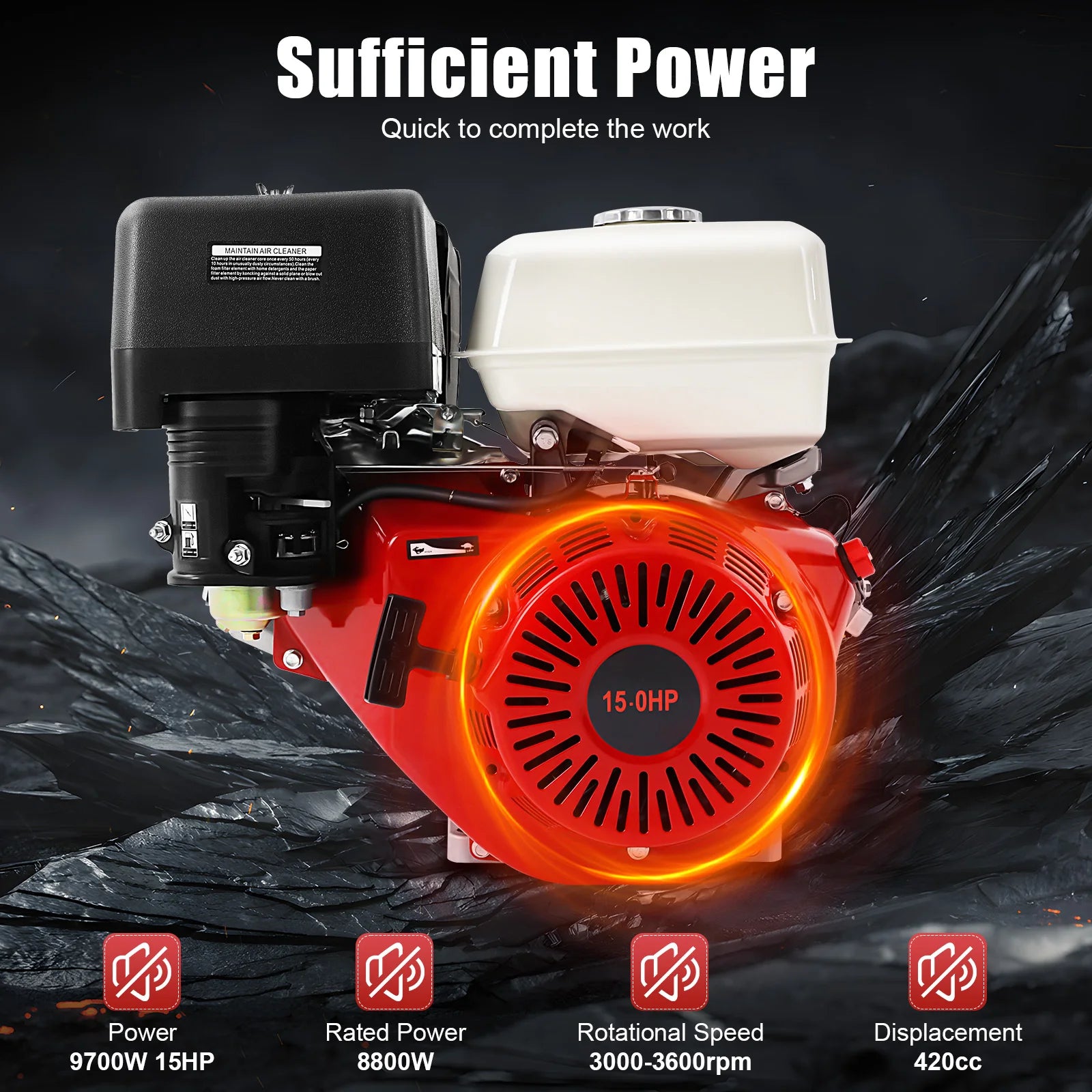 9700W 15HP 420CC Gasoline Engine 4 Stroke Gas Motor Low Noise Air Cooling 3600r/min 1.72Gal Large Fuel Tank