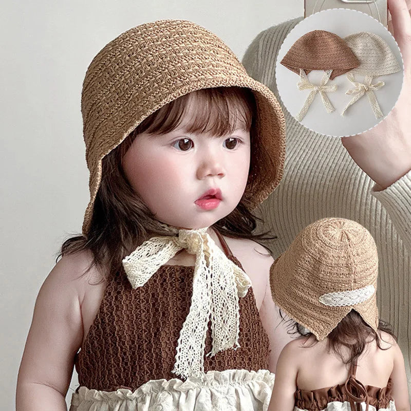 Summer Baby Girl Straw Hat Lace Bowknot Sunscreen Kids Panama Cap Outdoor Beach Sunshade Bucket Hats