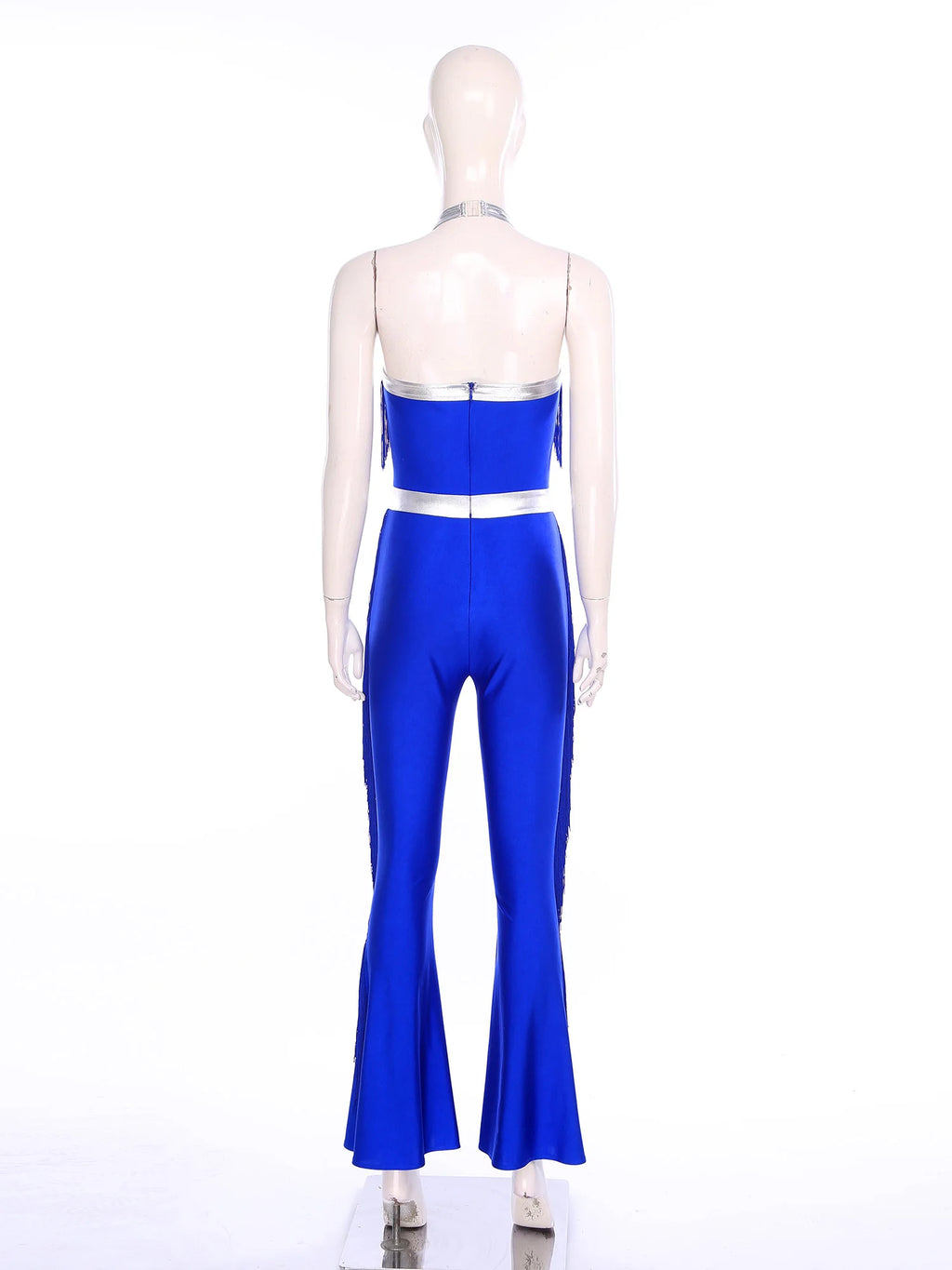 Womens 70s Disco Party Jumpsuit Halter Shiny Sequins Tassel Flared Pants Latin Jazz Dance Rompers Rave Festival Prom Clubwear
