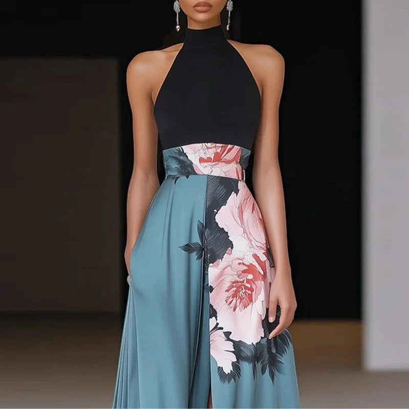 Sexy Flower Printed Split Backless Women Dresses Summer Sexy O Neck Sleeveless Robe Dress Elegant High Waist Hollow A-Line Dress