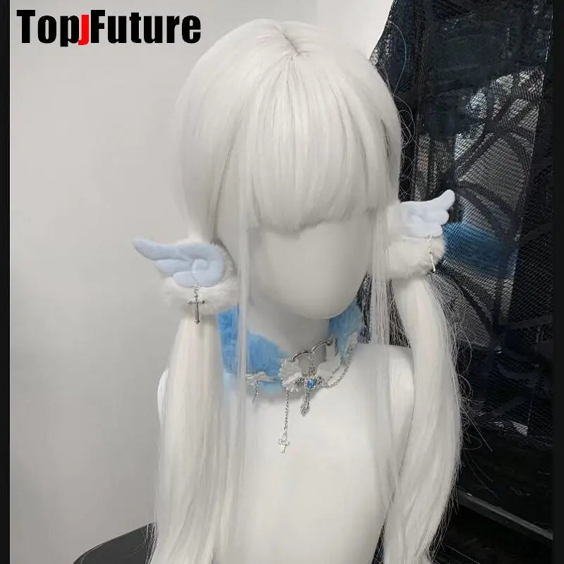 Girl Vintage  y2k Girl  gothic lolita cosplay Harajuku Punk Angel wing cross furry hair loop hair rope elastic hair bands