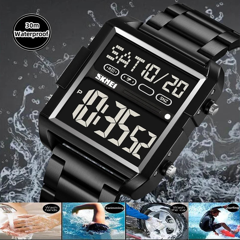 Skmei Luxury Brand Steel Strap Digital Watches for Mens Dual Time Zone Waterproof LED Chronograph Fashion Date Week Alarm Clock