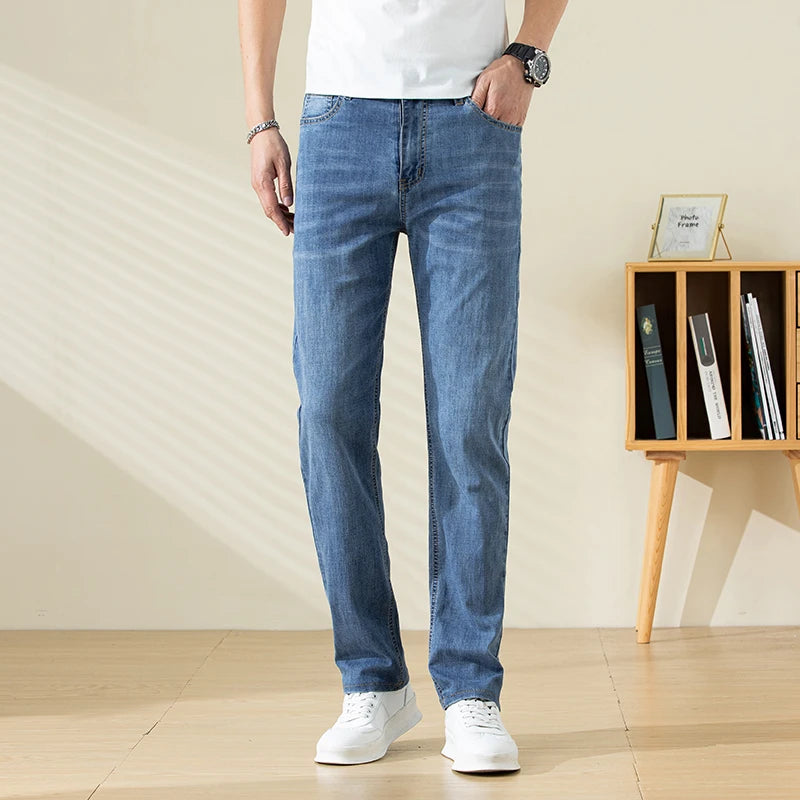 Summer Thin Mens Clothing Cowboys Slim Straight Jeans Men Denim Pants Casual Regular Fitness Men's Trousers Light Blue 2025