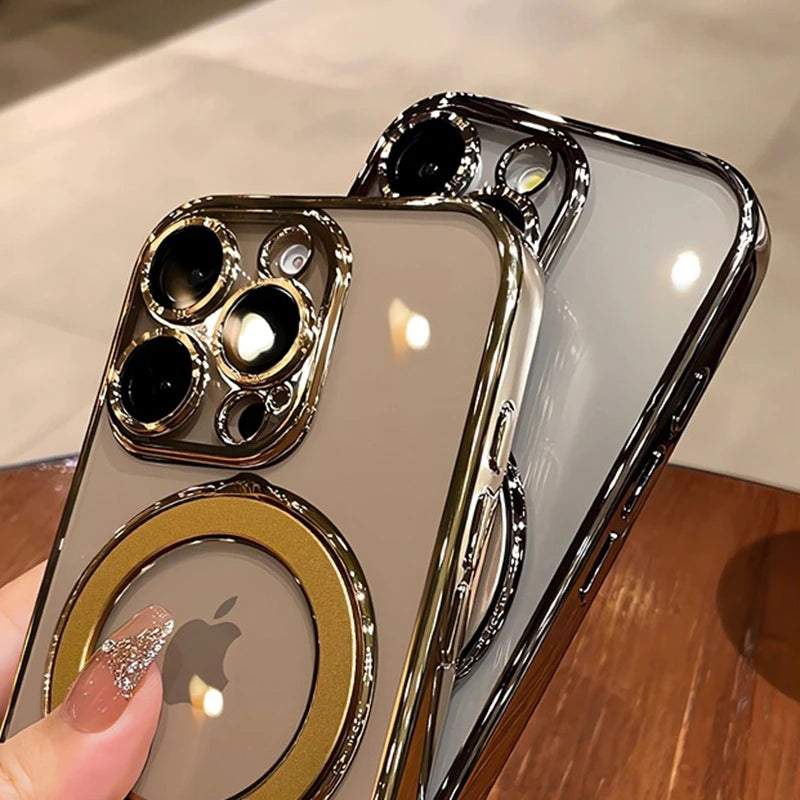 for Magsafe Bracket Plating Case for iPhone 16 15 14 Pro Max Plus 13 12 Magnetic Stand Ring Holder Transparent Shockproof Cover