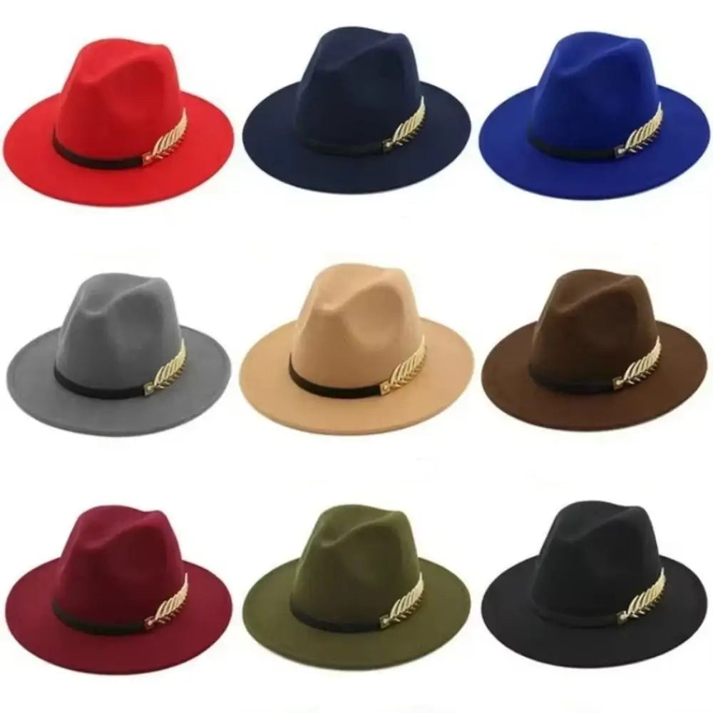 Large Brimmed Woolen Hats Formal Occasion Leaf Decoration Fedora Hat Performance Cap Casual British Vintage Hats Men Women