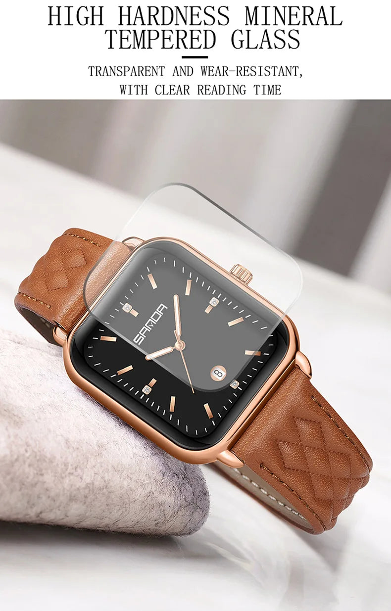 SANDA 1134 Women's Square Quartz Watch Black Fashion Crystal Waterproof Date Pointer Wristwatches for Ladies Watches Gift