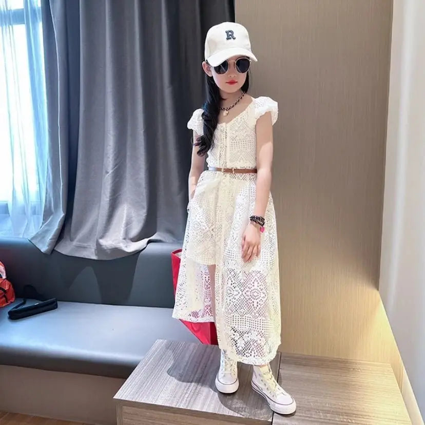 Girls' Set 2025 New Summer Korean  Lace Hollow Set Elegant Medium sized Children's Dress