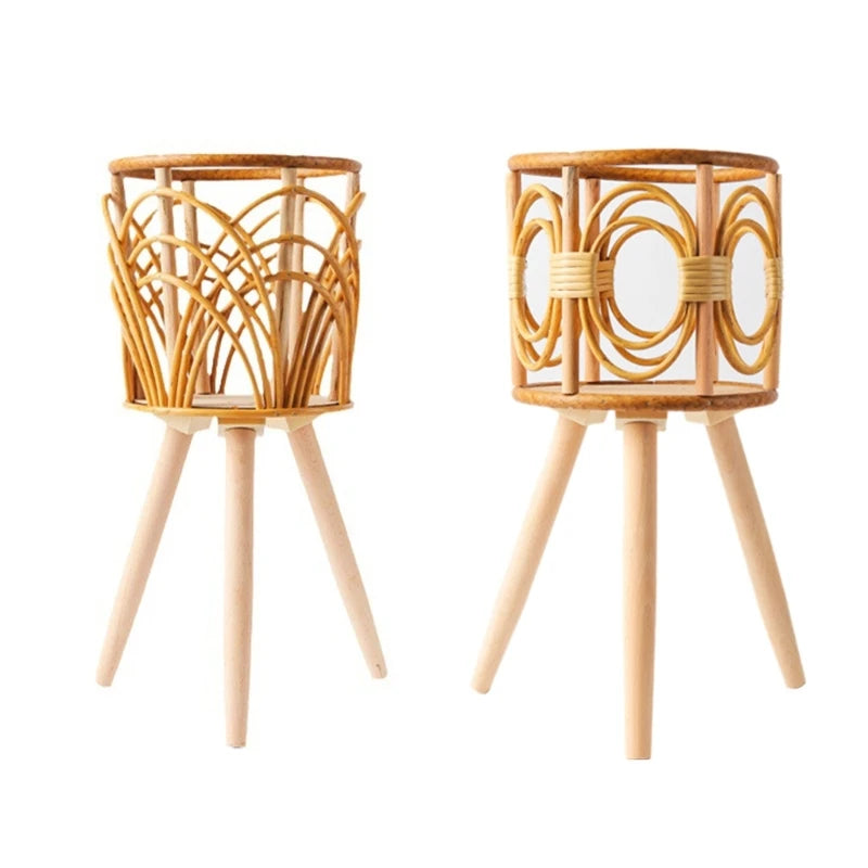 Rattan Indoor Plant Stand Straw Woven Flowers Pot Holder Stool with Legs Floor Planter Baskets Rack Wooden Plant DropShipping