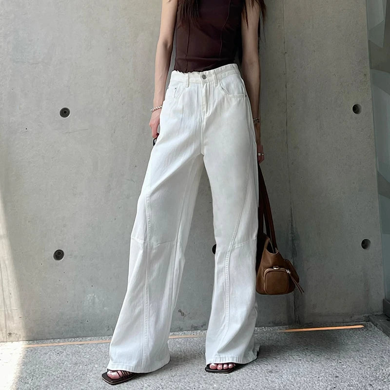 KSTUN 2025 Summer New Women's White Jeans Low Waist Wide Leg Jeans Denim Pants Losoe Fitness Girls Casual Dragging Pants Striped