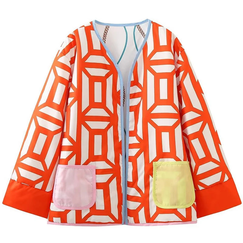 New Printed Pocket Wide Sleeved Ladies Outwear Loose Fashion Women's Double Sided Jacket 2023 Chic Casual Party Street Wear