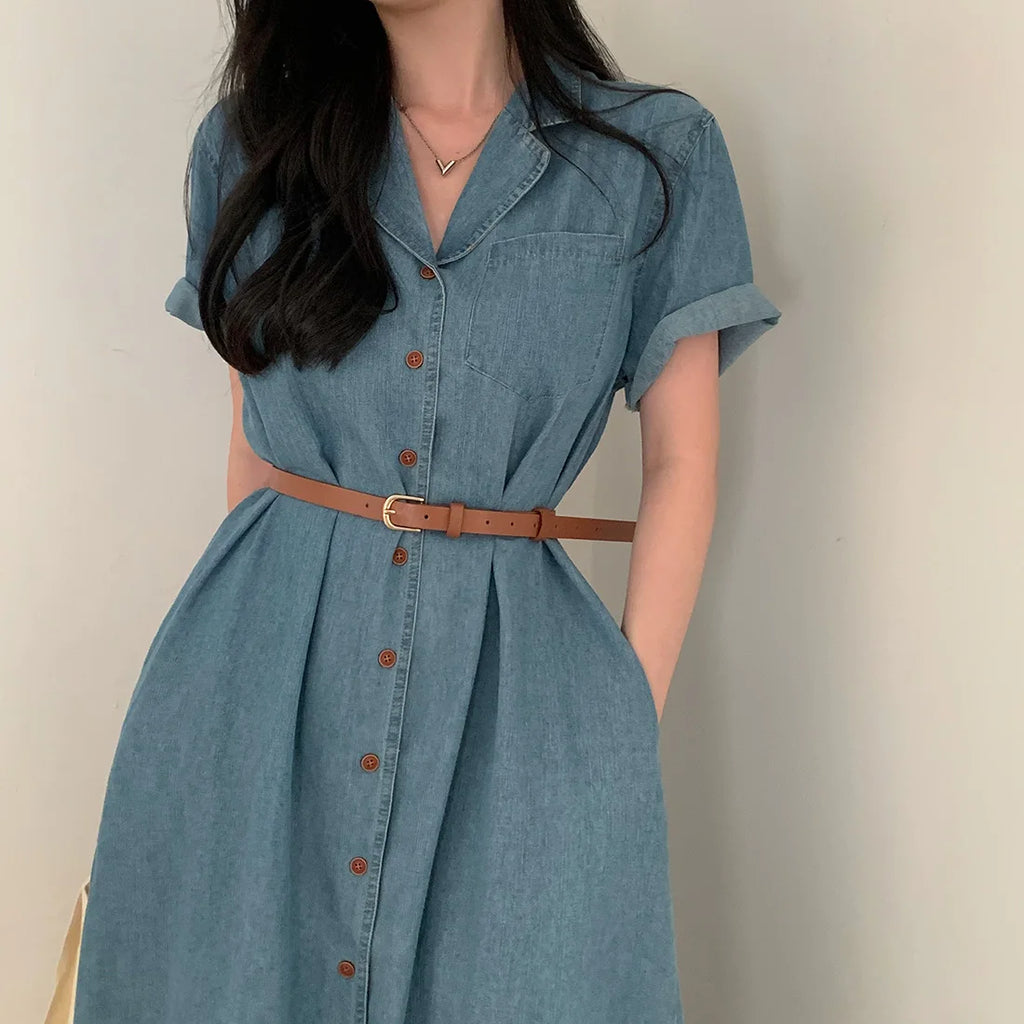 Slimming Chic Retro Chic Long Dr with Belt High Waist A-Line Skirt ort Sve Korean Sle Commute Dr Denim Dr