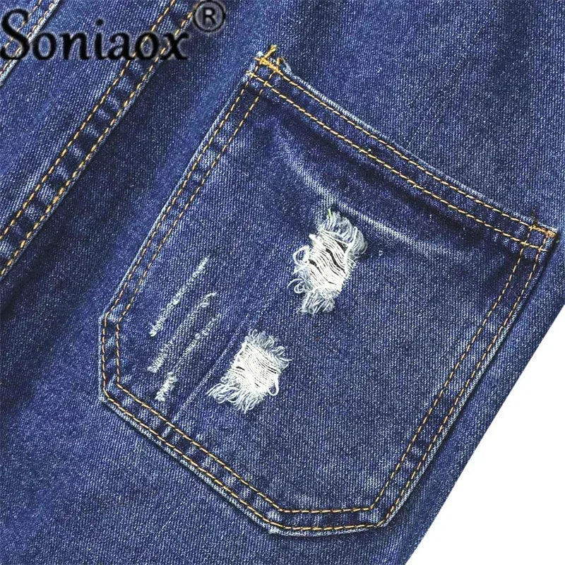 Casual Streetwear Hole Denim Jumpsuits Women 2024 Loose Suspenders Pocket Long Pants Waistline Straight Jeans Rompers