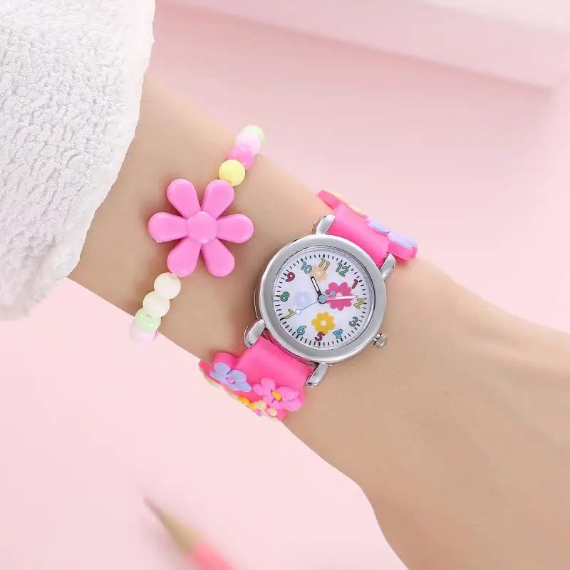 Cute Sweet Colored Flower Cartoon Watch, Pink Silicone Tape Quartz Cartoon Schoolgirl Watches Kid's Quartz Wristwatches