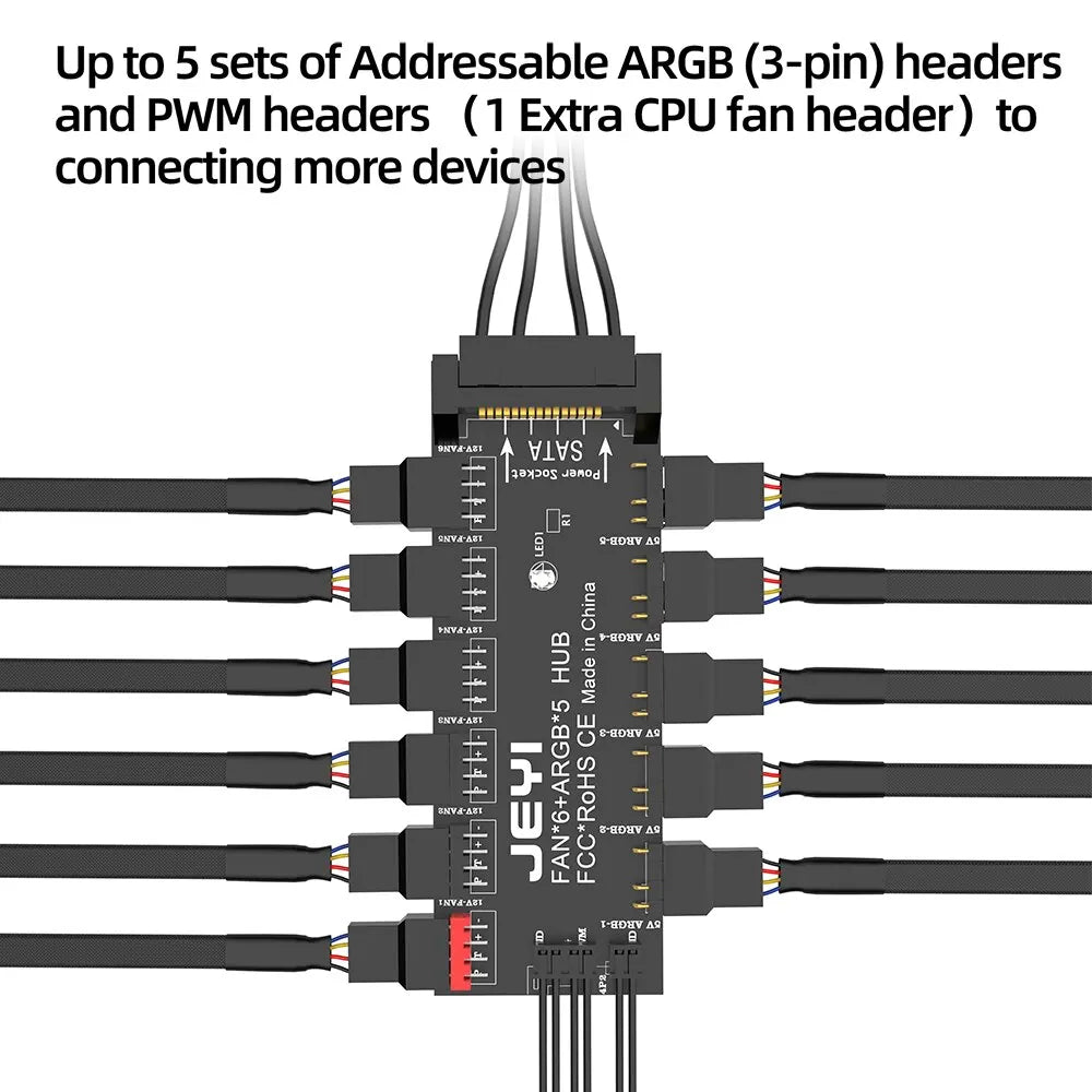 JEYI 4Pin PWM & 5V 3Pin ARGB with SATA 15Pin Power 5 Way Sync Fan Hub CPU Cooling Fan Addressable RGB Lighting PCB Splitter