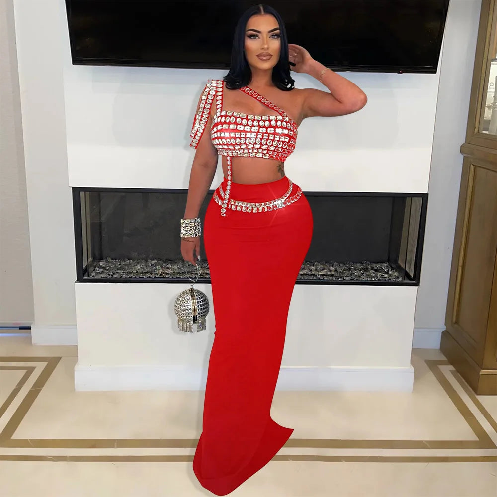 Women Dress Sets Floor Length Buttocks Skirts Two Pieces Set Matching Sets Diamonds Camisole High Street Party Night Evening