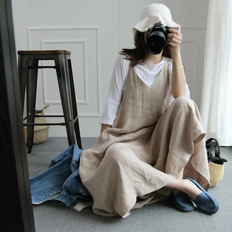 Johnature Summer New Cotton Linen Large Size Women Jumpsuits 2025 Solid Color Spaghetti Strap V-neck Loose Casual Playsuits