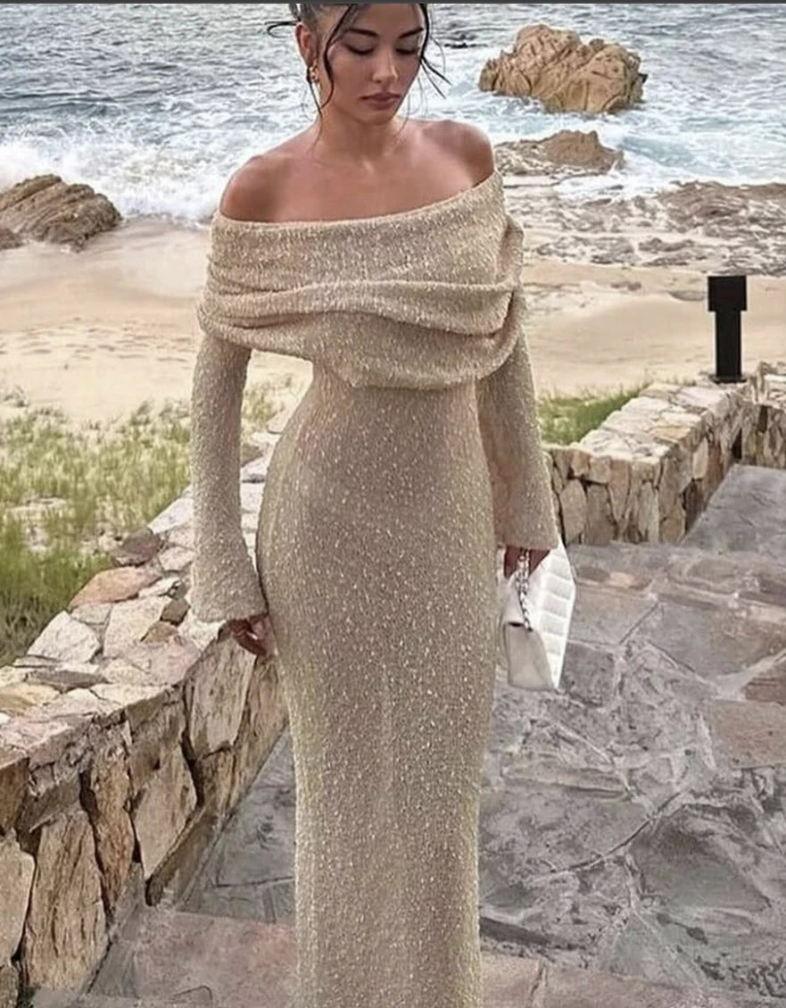 Fashion Style Knitted One-Shoulder See-Through Beachwear Cover Up Women's Beach Vacation Sunscreen Dress Elegant Long Dress