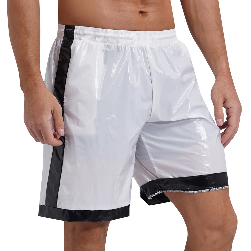 Swimwear Mens Swimming Trunks Wet Look Boxer Shorts Drawstring Elastic Waist Pockets Stripes Beach Sports Shorts Pajamas Costume