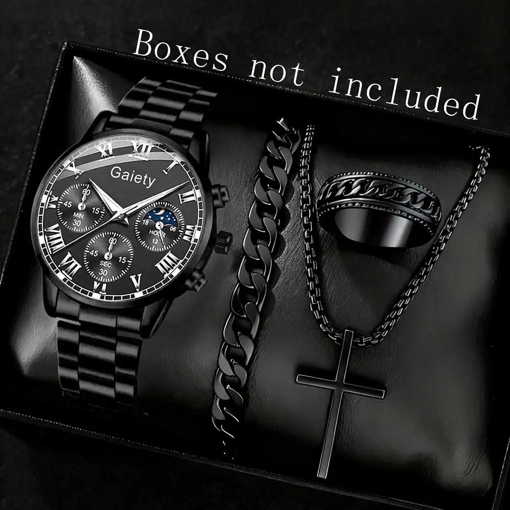 2/4PCS Men Watch Set Business Fashion Quartz Watch Bracelet Necklace Ring Set Suitable for Daily Clothing Matching Perfect Gift
