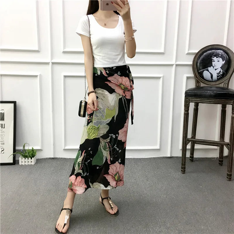 Vacation Style Wrap Skirt Beachside Long Skirt Women's High Waist A-Line Midi Skirt Floral Print One-Piece Summer Spring