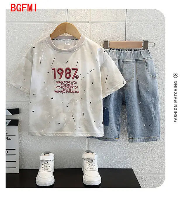 Summer Clothes Junior Boys Outfit Set Kids Outdoor Clothes for Children Letter Short Sleeve T-shirts + Denim Shorts 2 Piece Set