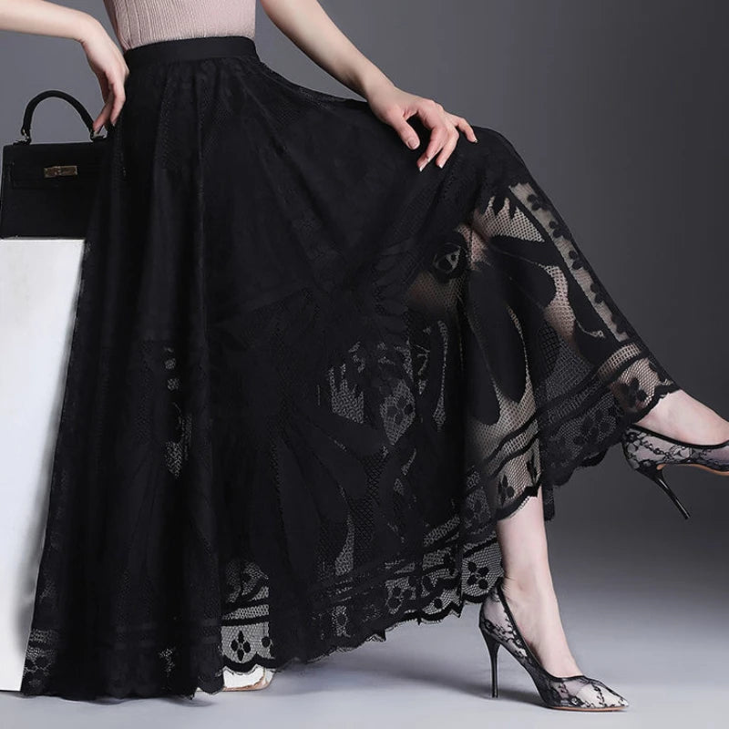 Lace Skirt for Women New Style Popular Versatile A-line Midi Skirt for Large Mesh Hollow Fairy Pleated Skirt