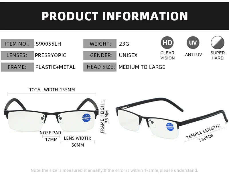 Brand Designer Reading Glasses Men Women Fashion Half Frame Presbyopic Glasses Vintage Business Diopter Eyeglasses +1.0 1.5 2.0
