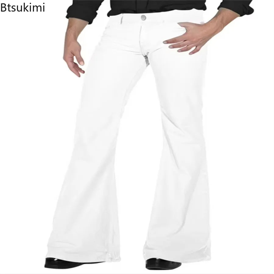 2026 Fashion Men's Vintage Disco Flared Pants Solid Stretch Slim Fit Trousers Hippie Style Casual Wide Leg Pants Male Streetwear