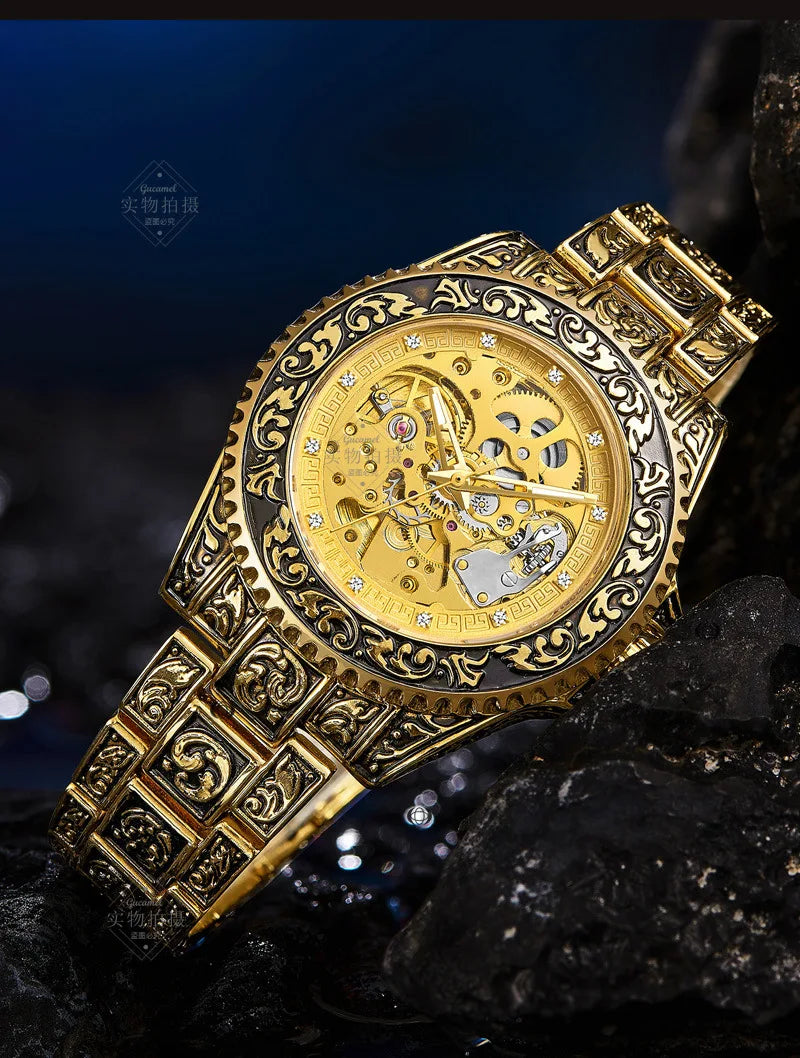 UTHAI M11 New Men watch hollowed out retro carved automatic mechanical watch cool clock gift，watches for man