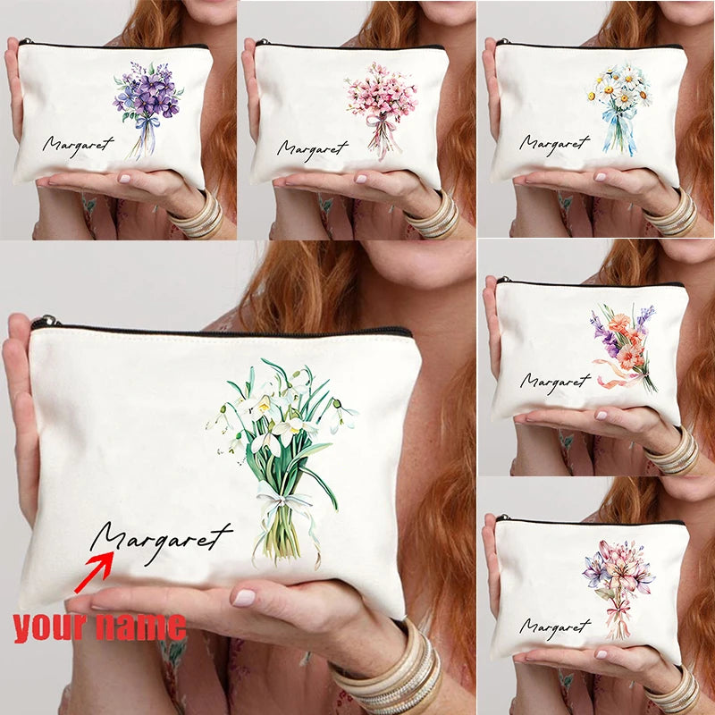 Customized Name Flower Bouquet Personalized Makeup Bag Birthday Gift Single Girl Bridesmaid Wedding Gift Lipstick Storage Bag