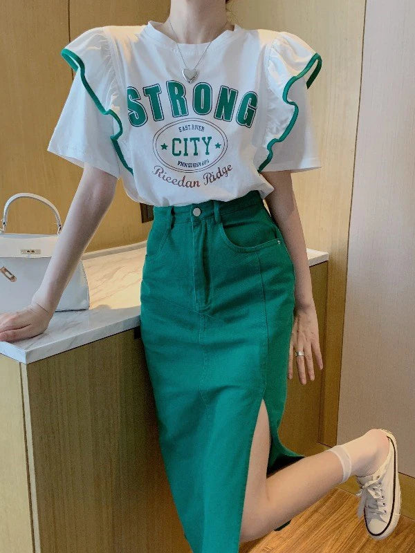 Summer 2024 Trendy Loose ort Sve T-irt Women's Top Design Sense Splicing Slimming Faionable Youthful Polyester Cotto...