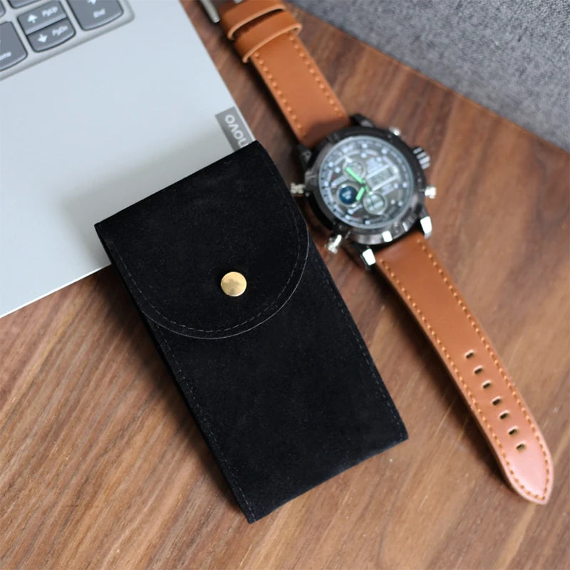 IBBETON Watch Bag Blue and Black and Brown Flannelette Gift Bag Travel Storage Case Durable Portable Watch Dust Protection Case