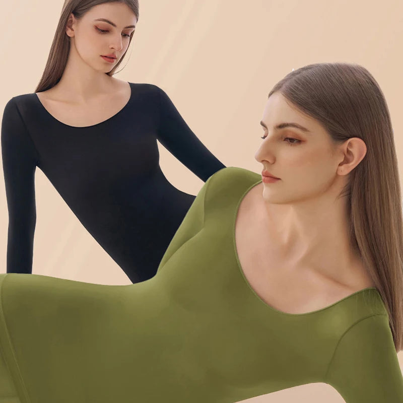Women's Ultra-Thin Seamless Thermal Underwear High-Elasticity Warm Vest Slim Fit Top Casual Long Sleeves Lightweight Sleepwear