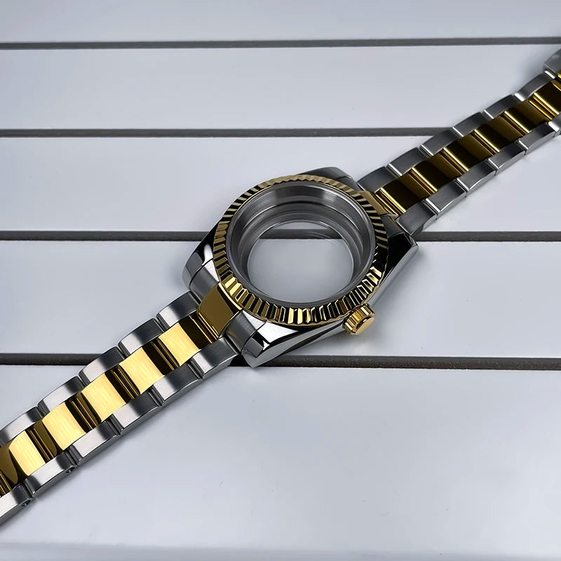 39mm NH35 Case Fluted Bezel DJ2T Yellow Gold Sapphire Glass Skx Mod Modification Parts Fit NH35 NH36 Movement Steel Watch Case