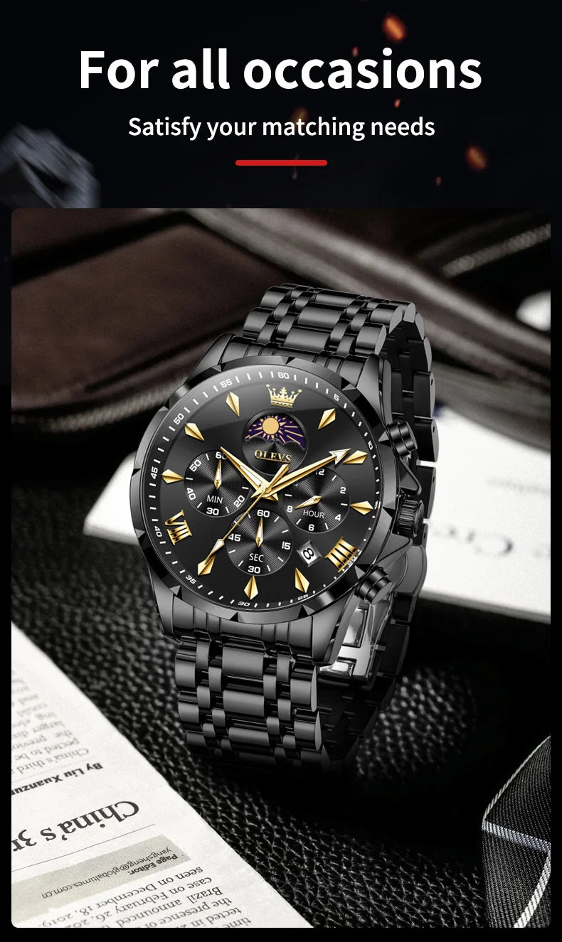 OLEVS 3653 Luminous Chronograph Stainless Steel Quartz Watch for Men Waterproof Sports Calendar Date Wristwatches Reloj Hombre