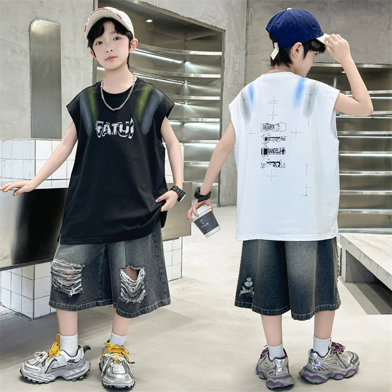 Junior Boys Summer Suit Children's Fashion Sleeveless Vest and Hole Jeans Shorts Clothing Sets for Kids 5 7 9 11 13 14 Years Old