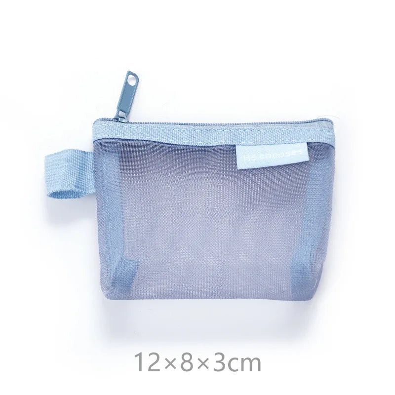 Mini Clear Nylon Mesh zipper Cosmetic Bags Cute Women Small Lipstick Makeup Bags Pouch Data Line Key Earphone Organizer Case