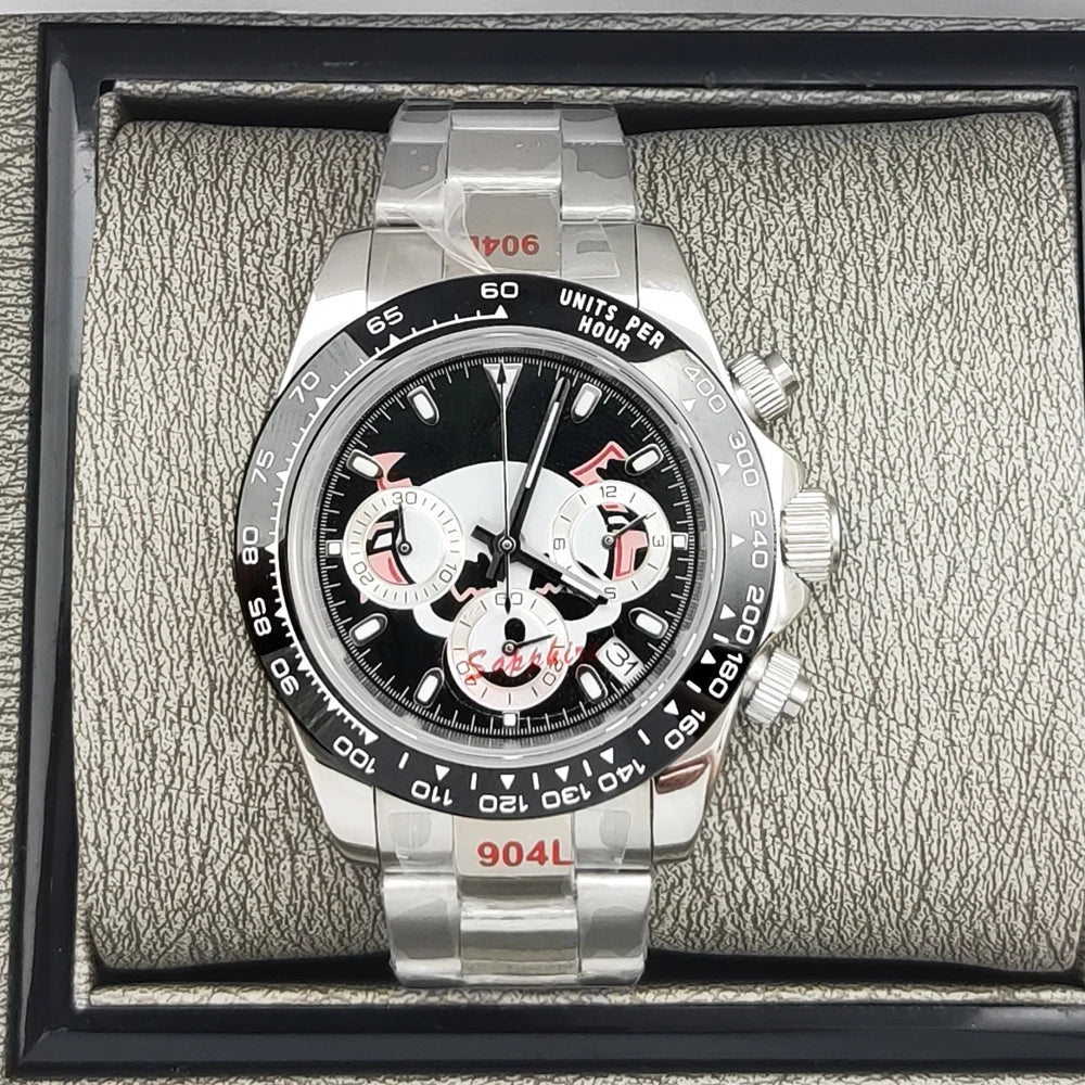 Luxury 39mm Rose gold Quartz Watch Men's Timing Sapphire Crystal VK63 Movement Calendar Luminous Blue Dial Stainless Steel Stra