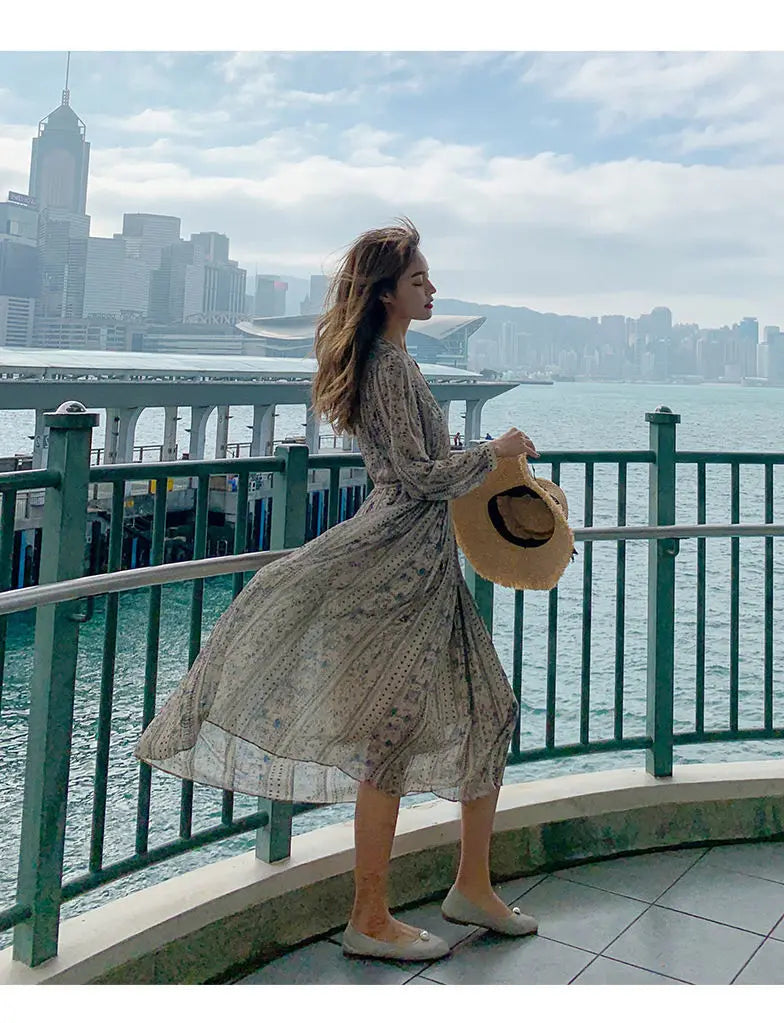 Retro Dress Spring Summer Long Sleeve Floral Chiffon High Waist Court Over Knee Popular Inside Women's Dress 2022Vestidos Office