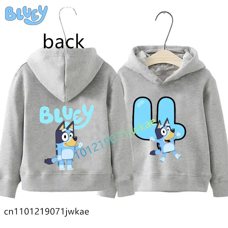 Bluey Birthday Number Print Hoodie Kids 1-9Y Front Back Design Long Sleeve Sweatshirt Boys Girls Casual Tops Birthday Party Wear