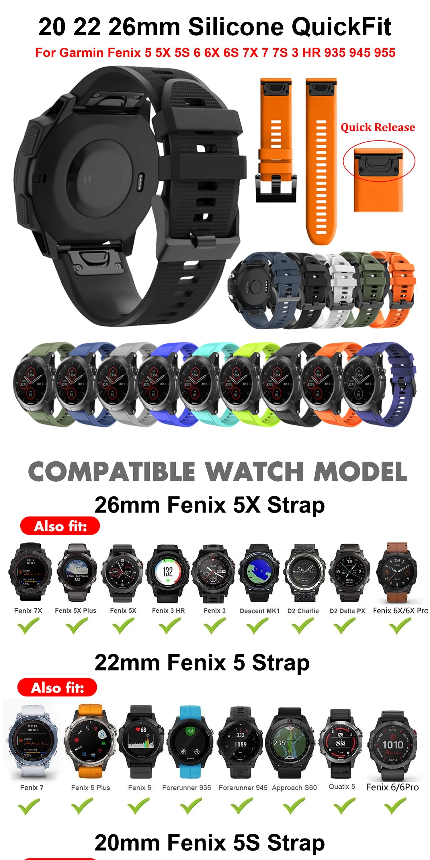 20 22 26mm Smart watch Band For Garmin Fenix 5 5x 5s Silicone Watch Strap for Fenix 6X Pro 6 6S 7X 7 7s 3HR 945 watch Wristband
