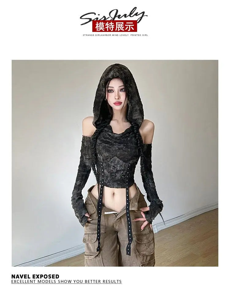 T-shirts Women Hooded Spring Long Sleeves Distressed American Retro Creativity Solid Streetwear Fashion Slim Backless Cut Out