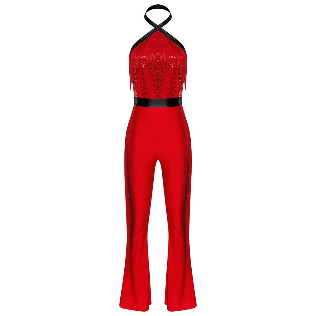 Womens 70s Disco Party Jumpsuit Halter Shiny Sequins Tassel Flared Pants Latin Jazz Dance Rompers Rave Festival Prom Clubwear