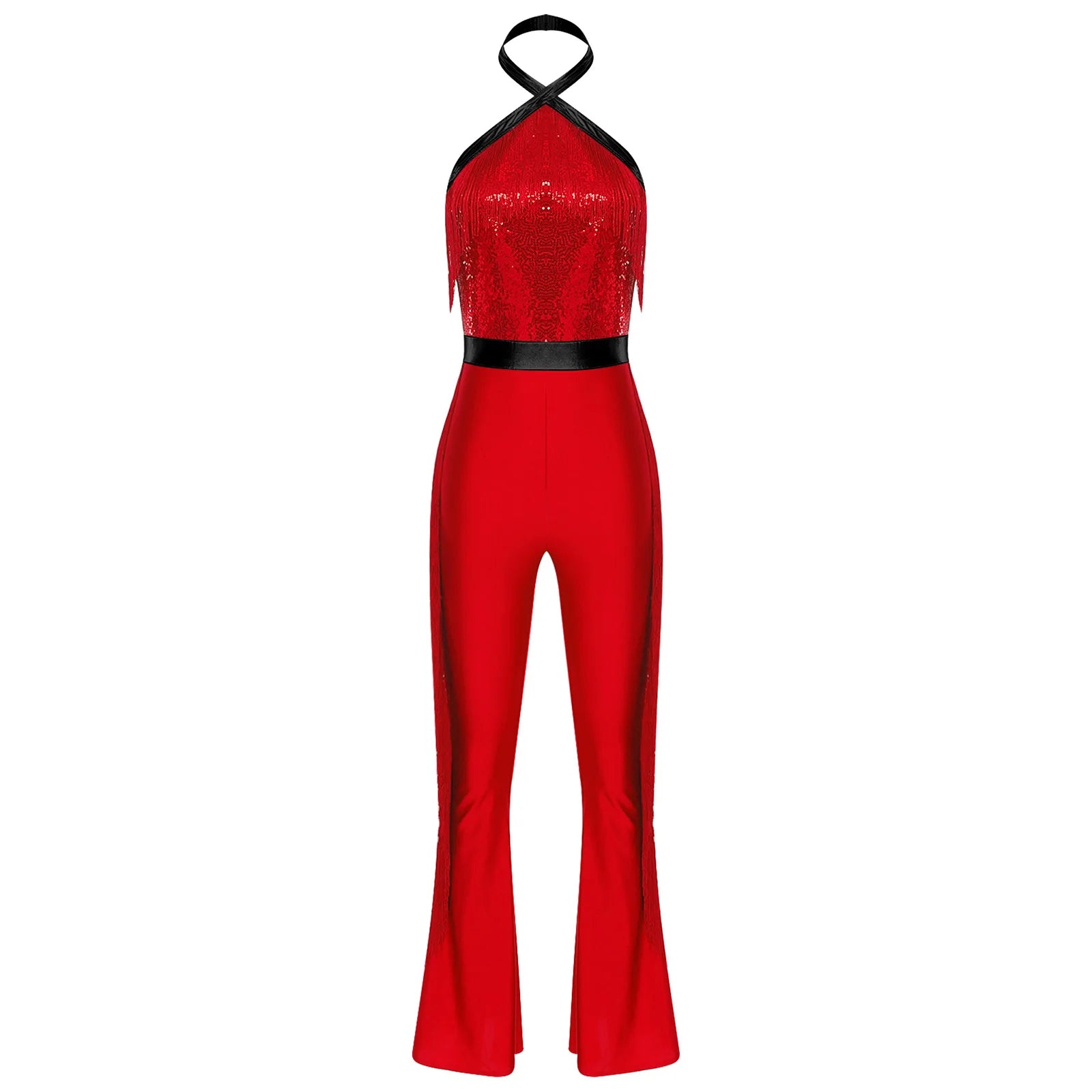 Womens 70s Disco Party Jumpsuit Halter Shiny Sequins Tassel Flared Pants Latin Jazz Dance Rompers Rave Festival Prom Clubwear