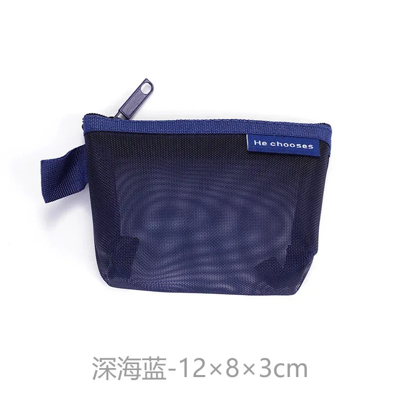 Mini Clear Nylon Mesh zipper Cosmetic Bags Cute Women Small Lipstick Makeup Bags Pouch Data Line Key Earphone Organizer Case