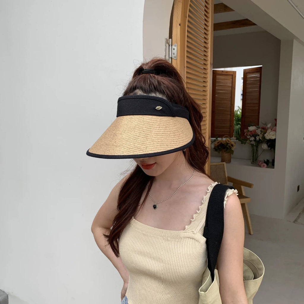 Hats for women Summer hat sun hat empty top Korean version headband black glue straw cap beach caps sunscreen panama  UTHAI S87